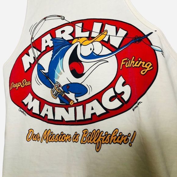 Rare Vintage 80s 90s CRAZY SHIRTS Hawaii T Shirt Tank Top Marlin Maniacs Fishing - Picture 5 of 8